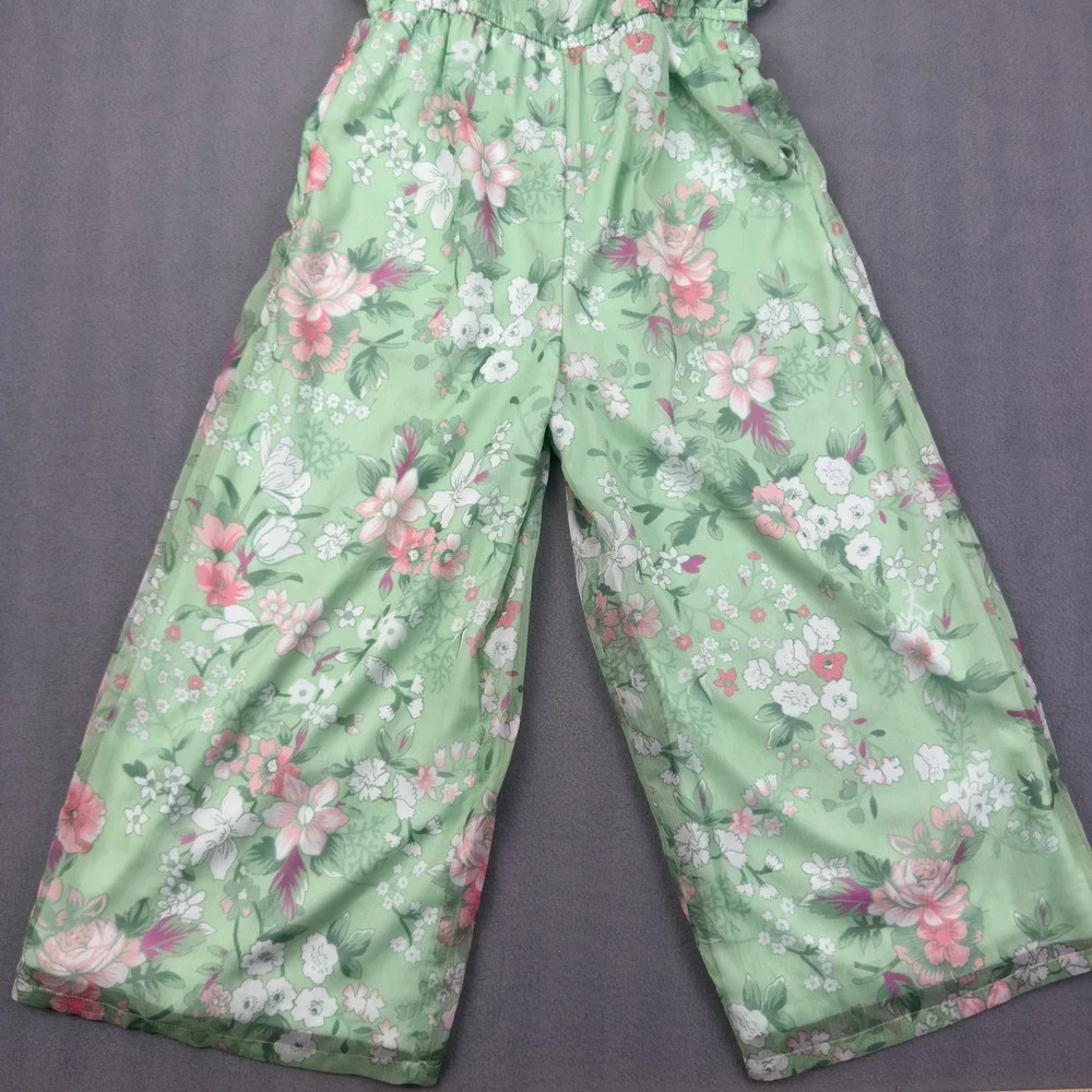 AND Floral Jumpsuit Size 11-12 Yrs Green Wide Leg Flutter Sleeve Romper